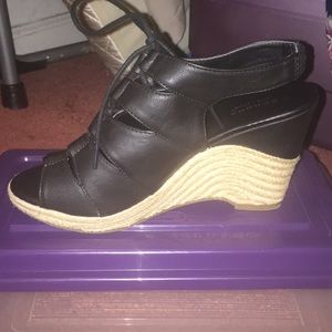 Black leather wedges